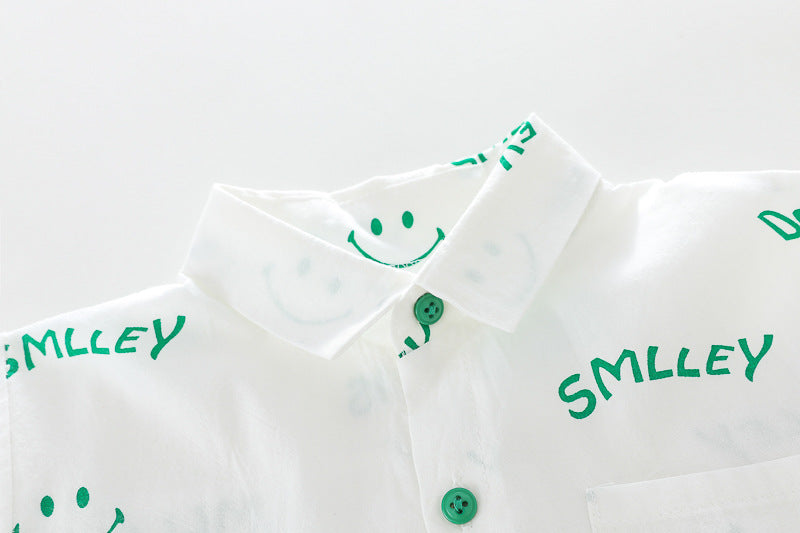 [345425] - Baju Setelan Kemeja Lengan Pendek Celana Pendek Anak Laki-Laki Fashion - Motif Smile Face