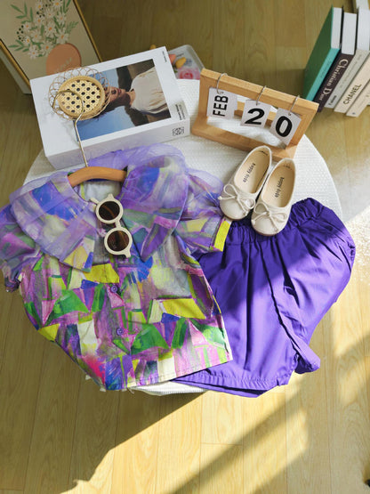 [363733] - Baju Setelan Blouse Lengan Pendek Celana Pendek Fashion Anak Perempuan - Motif Abstract Geometry