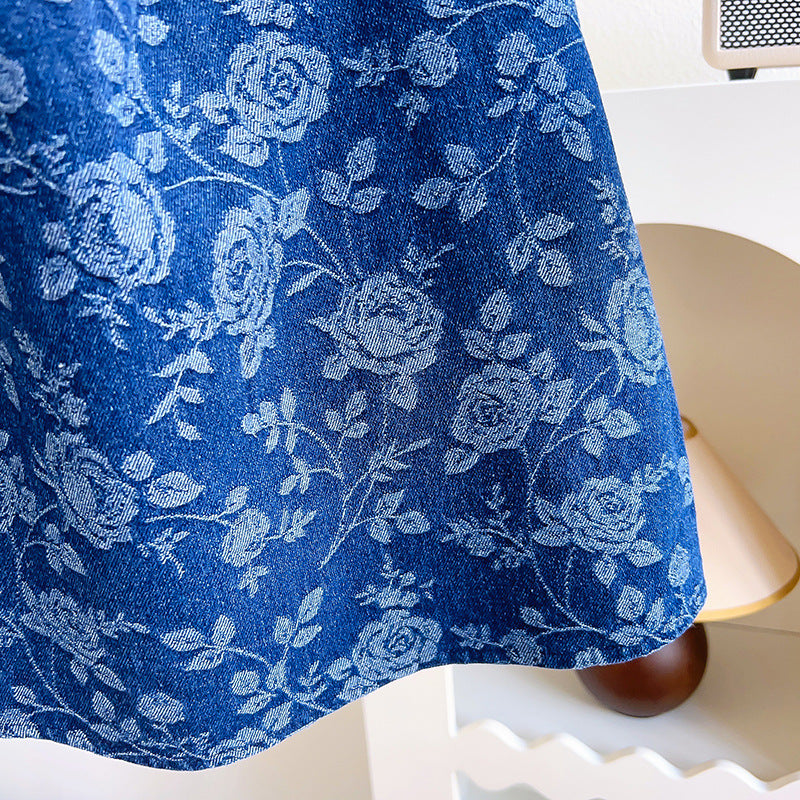 [963226] - Baju Gaun Dress Cheongsam Shanghai Imlek Lengan Kutung Chinese Hanfu Fashion Anak Perempuan Cewek - Motif Denim Flower - BABYHOKI STORE