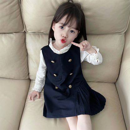 [363707] - Baju Setelan Dress Atasan Lengan Panjang Fashion Import Anak Cewek - Motif Plain Button