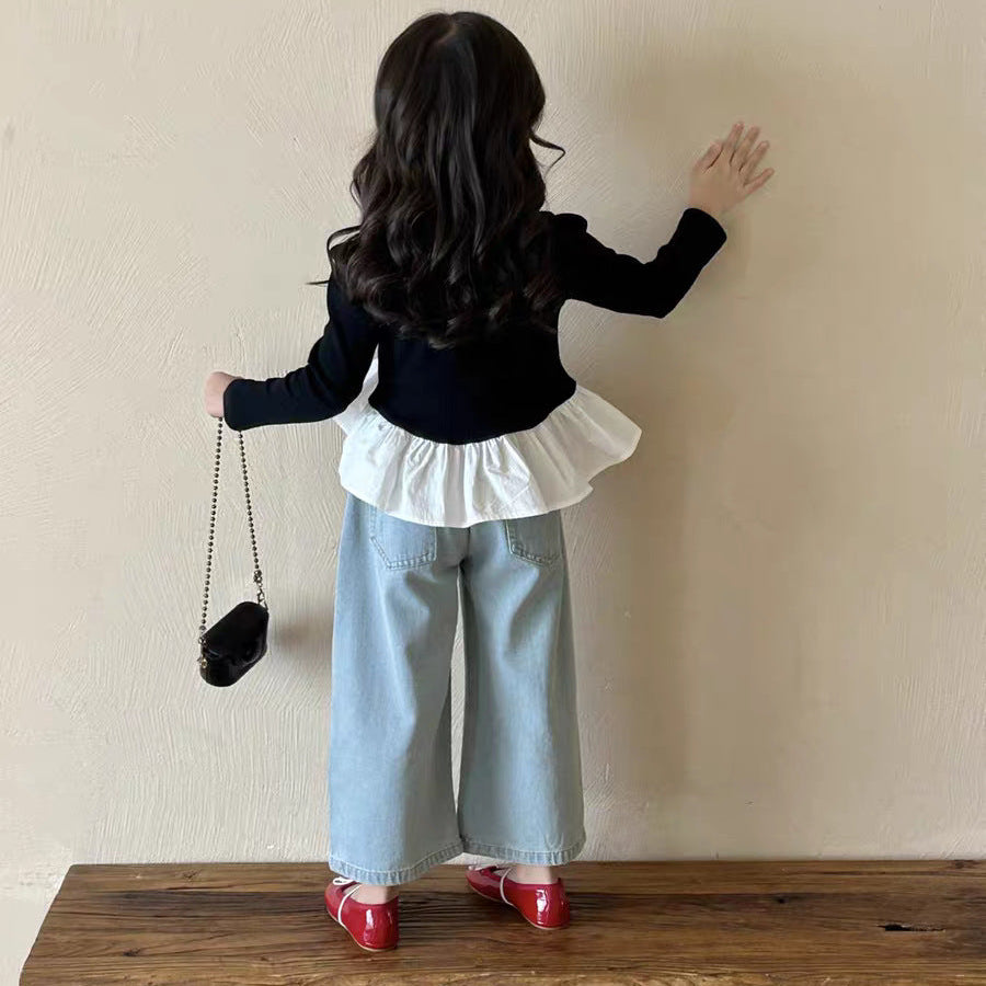 [363906] - One Set 2in1 Baju Setelan Atasan Lengan Panjang Bawahan Celana Panjang Denim Fashion Anak Cewek Perempuan - Motif Ruffled Tops T-shirts Bear Jeans - BABYHOKI STORE