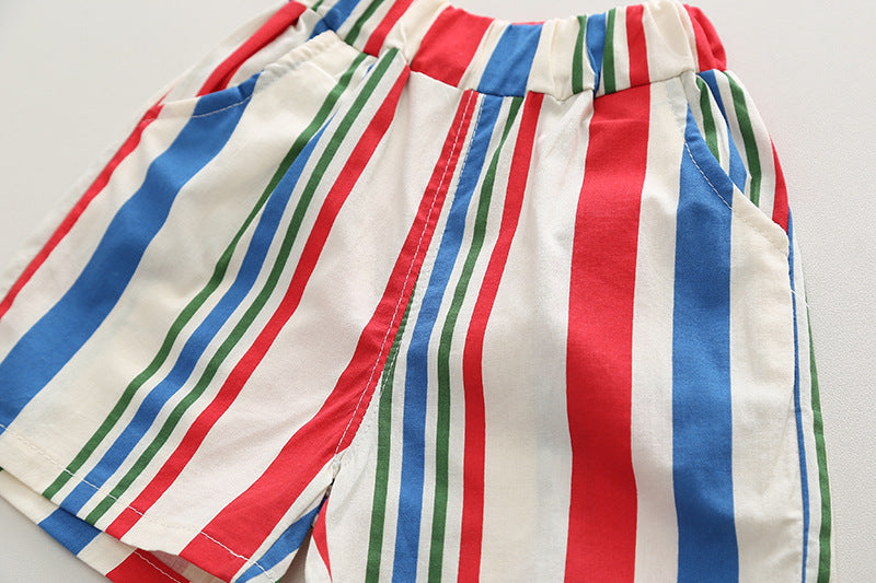 [345420] - Baju Setelan Kemeja Lengan Pendek Celana Pendek Anak Cowok Fashion - Motif Side Stripped