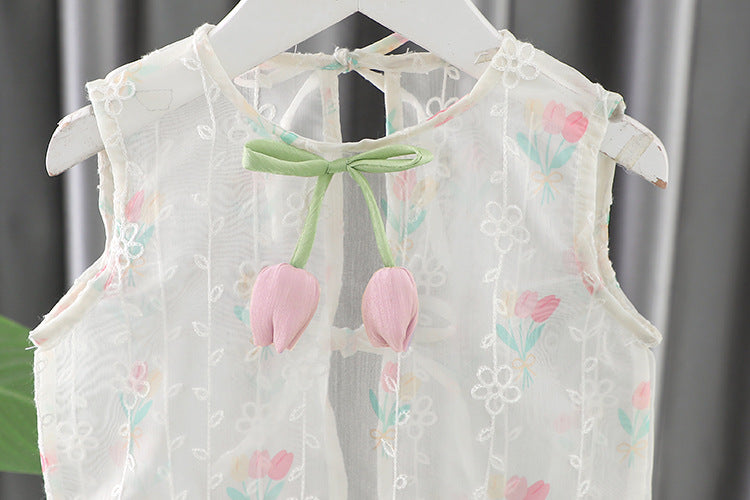 [340414] - Setelan Baju Atasan Kutung Celana Pendek Fashion Anak Perempuan - Motif Flower Ribbon