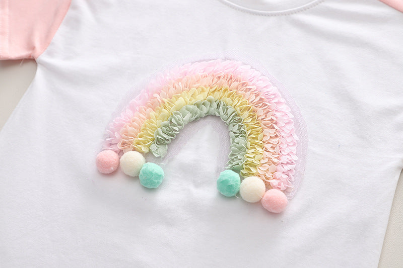 [340403] - Setelan Baju Kaos 3D Celana Pendek Jeans Anak Perempuan Fashion - Motif Plain Rainbow