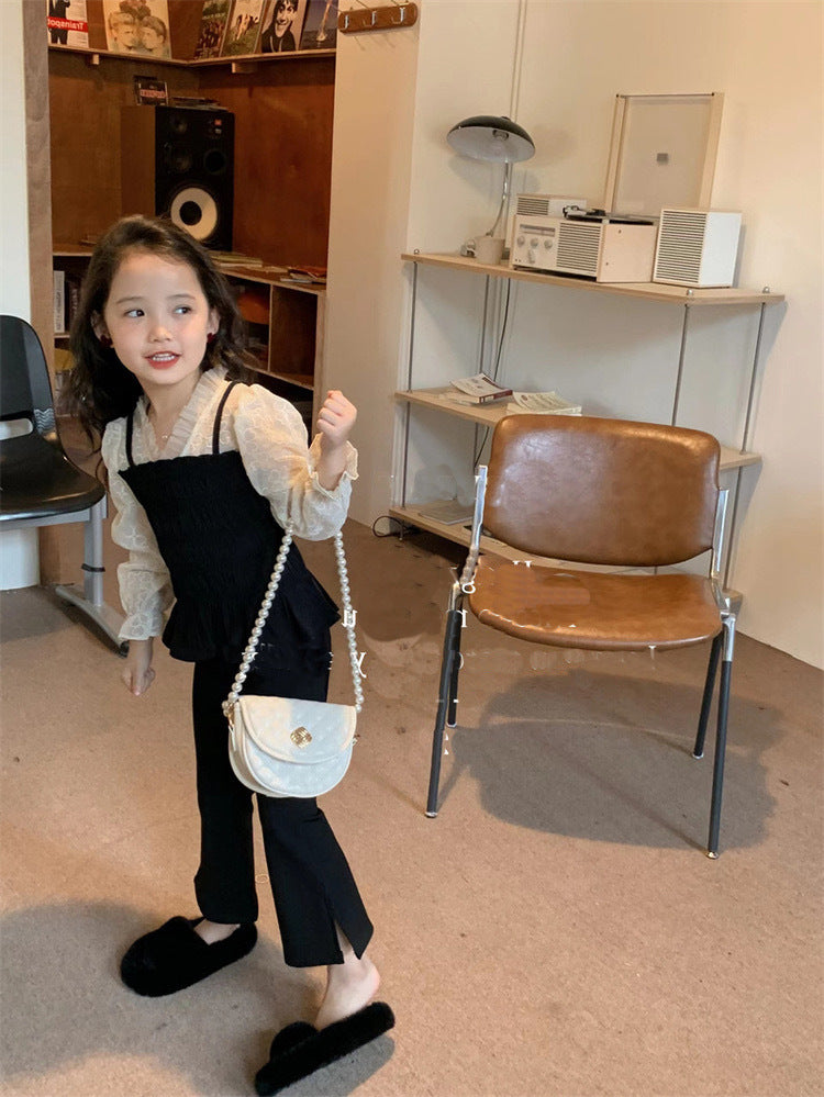 [5071078] - One Set 2in1 Baju Setelan Atasan Lengan Panjang Bawahan Celana Panjang Hitam Fashion Anak Perempuan Cewek - Motif Ruffled Black - BABYHOKI STORE