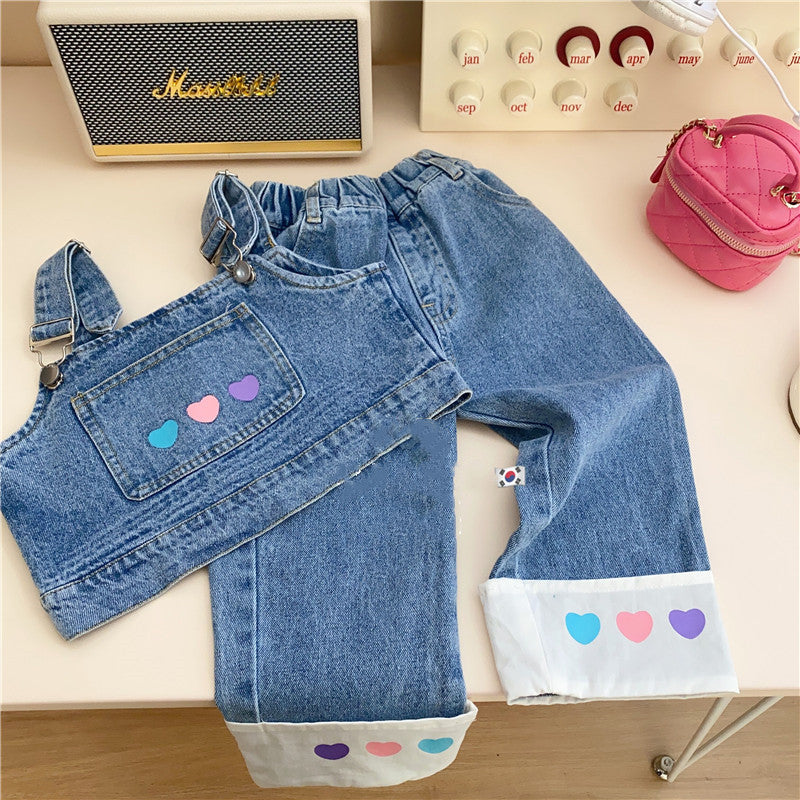 [363660] - Setelan 3in1 Oneset Cewek Baju Kodok Celana Jeans Anak Perempuan Fashion - Motif Colorful Heart