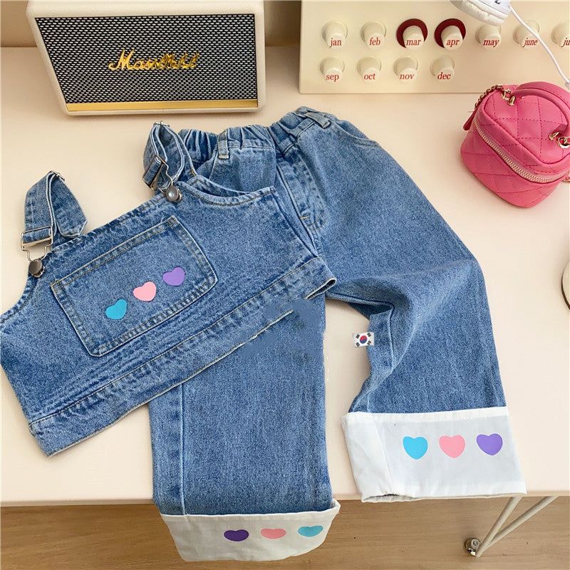 [363660] - Setelan Baju 3 In 1 Celana Jeans Import Anak Perempuan Fashion - Motif Colorful Heart