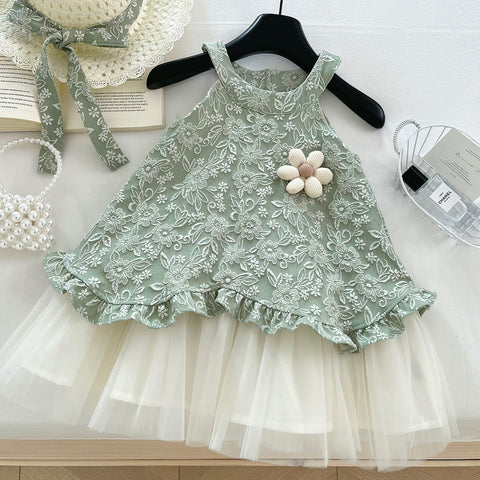 [963227] - Baju Gaun Dress Retro Lengan Kutung Korean Style Anak Perempuan Cewek - Motif Basic Green Color - BABYHOKI STORE