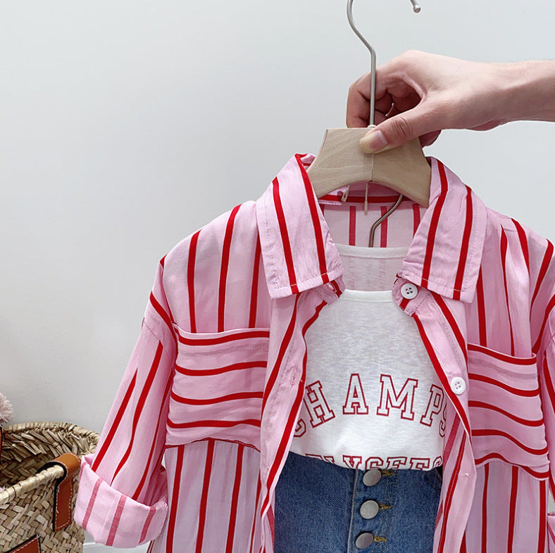 [363737] - One Set  3 In 1 Baju Setelan Atasan Kaos Kutung Kemeja Panjang Celana Jeans Pendek Fashion Anak Perempuan Trendy - Motif Casual Stripe