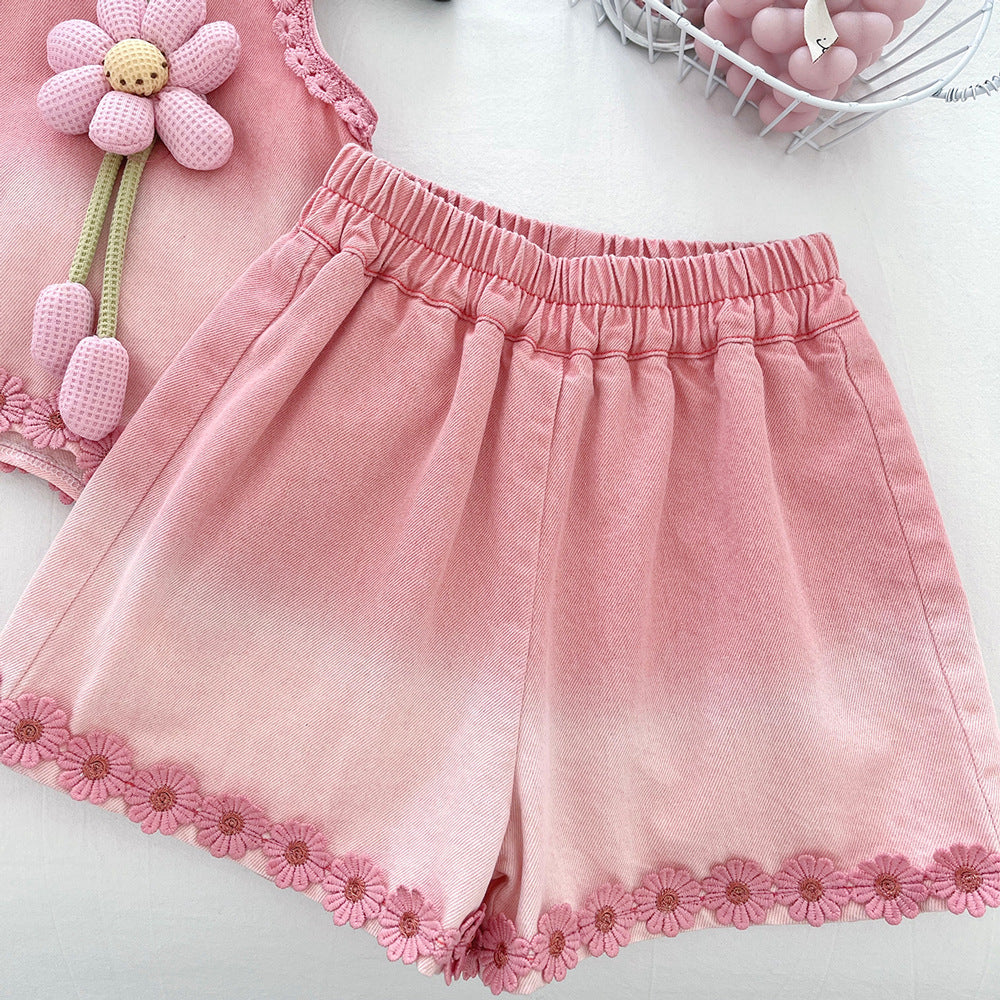 [963129] - One Set 2in1 Baju Setelan Atasan Lengan Kutung Bawahan Celana Pendek Korean Version Style Anak Perempuan Cewek - Motif Flower 3D - BABYHOKI STORE - BABYHOKI STORE