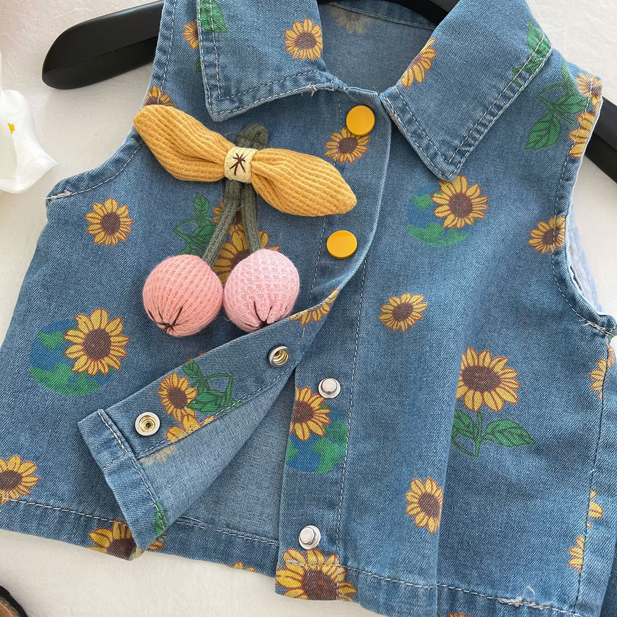 [963214] - One Set 2in1 Baju Setelan Atasan Vest Denim Lengan Kutung Bawahan Celana Rok Pendek Casual Style Anak Perempuan Cewek - Motif Sunflower - BABYHOKI STORE