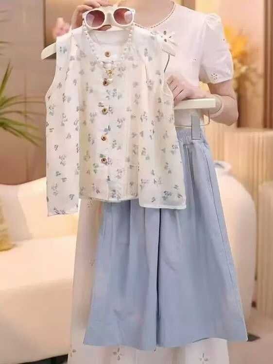 [5071173] - One Set 2in1 Baju Setelan Atasan Lengan Kutung Bawahan Celana Panjang Kulot Korean Version Anak Perempuan Cewek - Motif Small Flowers - BABYHOKI STORE