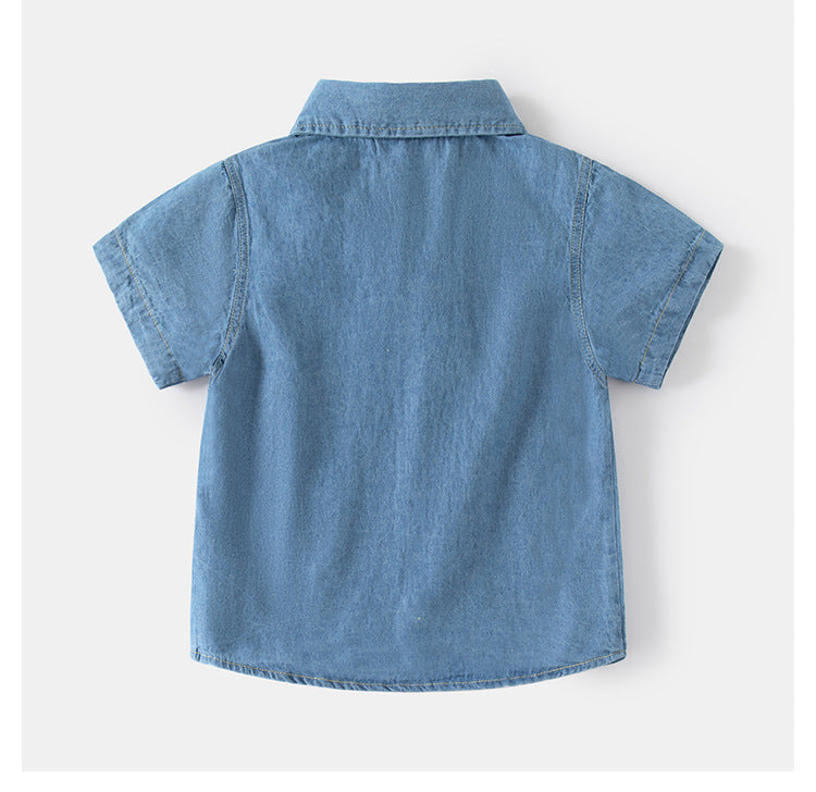 [5131090] - Baju Kemeja Denim Lengan Pendek Fashion Anak Laki-Laki - Motif Stitching Texture