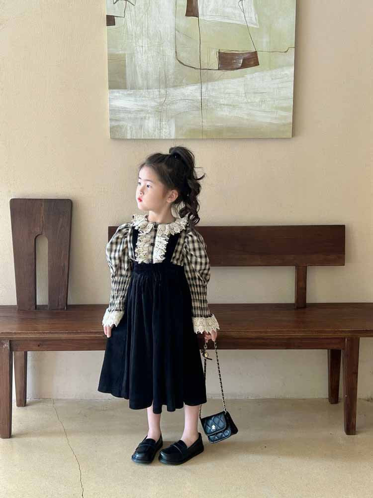 [5071124] - One Set 2in1 Baju Setelan Atasan Blouse Lengan Panjang Style Palace Bawahan Overall Panjang Fashion Trendi Anak Perempuan Cewek - Motif Plaid - BABYHOKI STORE