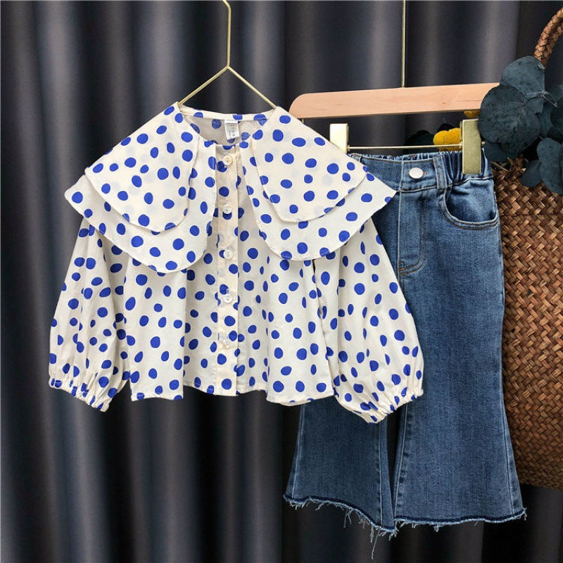 [363787] - Oneset Mewah Setelan Baju Blouse Lengan Panjang Celana Jeans Panjang Fashion Anak Perempuan Cewek - Motif Polka Denim