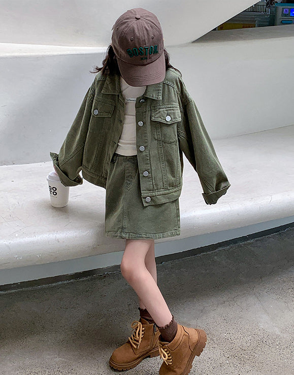 [5071029] - Setelan Baju Jaket Lengan Panjang Bawahan Rok Pendek Jeans Fashion Anak Perempuan - Motif Button Line