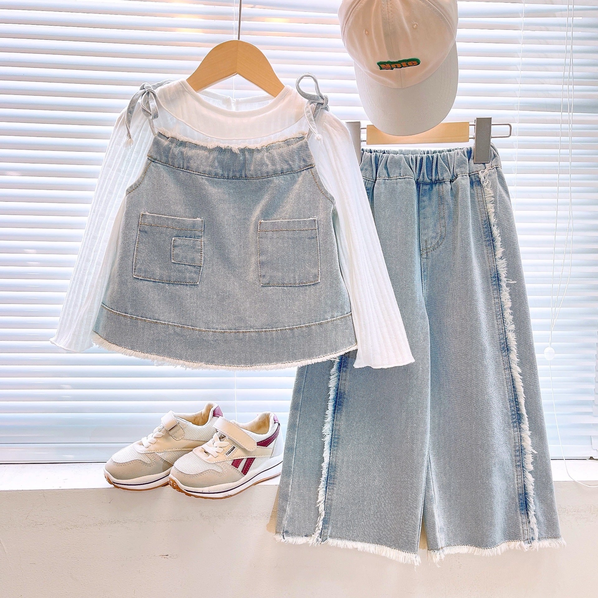 [363783] - Setelan Baju 3In1 Baju Lengan Panjang Plus Vest Celana Jeans Kulot Panjang Fashion Anak Perempuan - Motif Pocket Denim