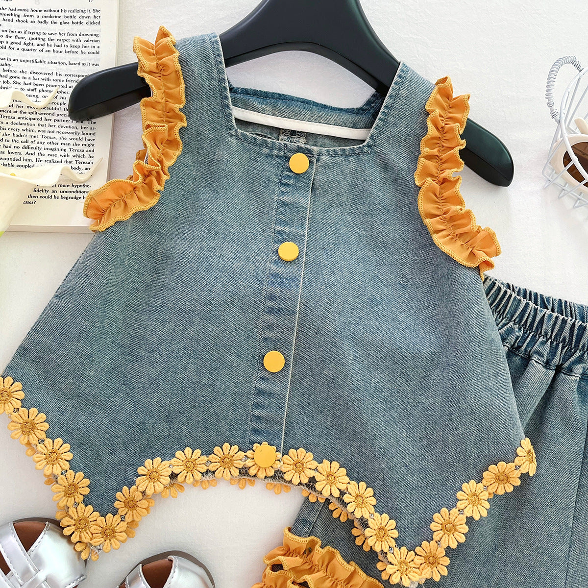 [963162] - One Set 2in1 Baju Setelan Atasan Lengan Kutung Bawahan Celana Pendek Korean Version Style  Anak Perempuan Cewek - Motif Bow Yellow Flower  - BABYHOKI STORE - BABYHOKI STORE