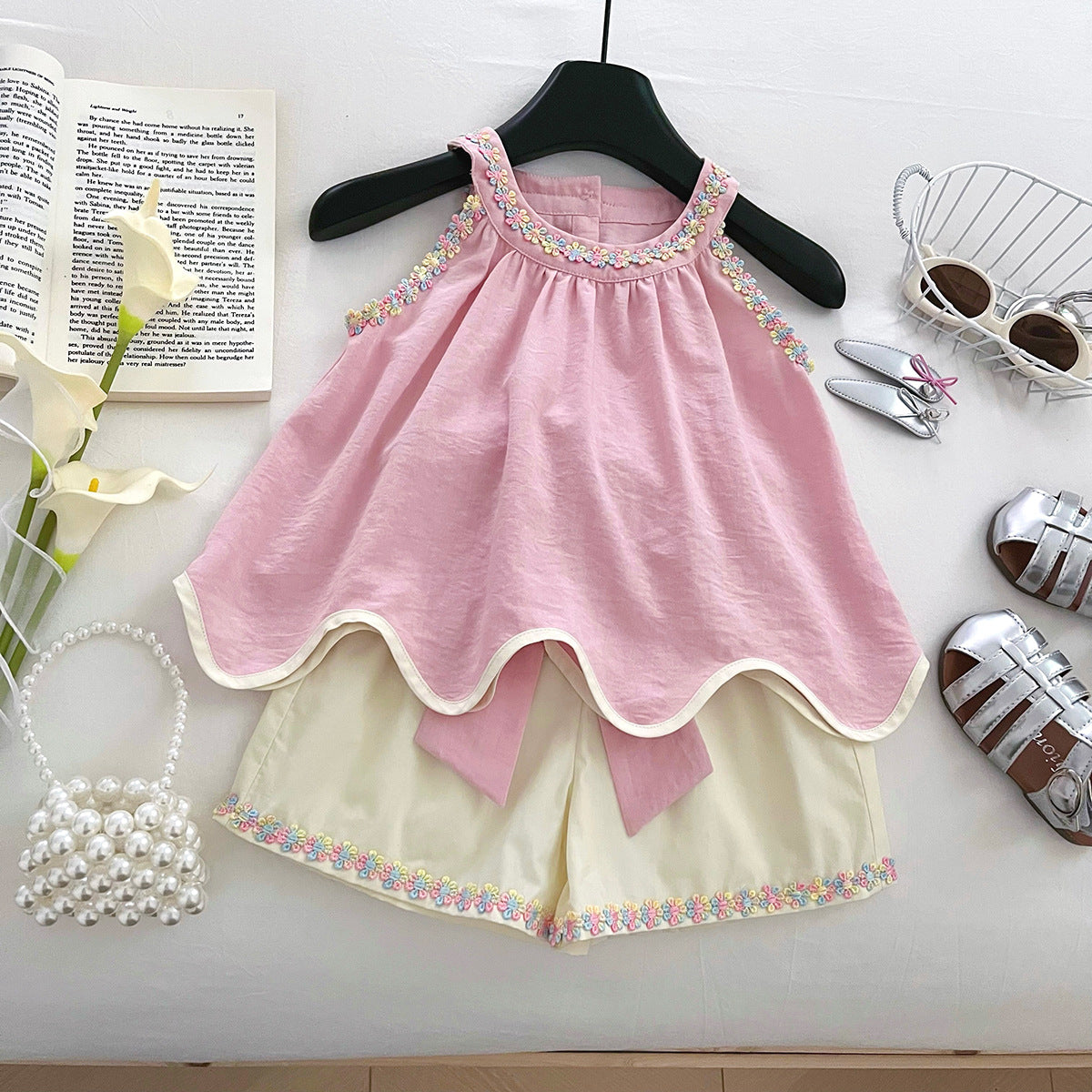 [963163] - One Set 2in1 Baju Setelan Atasan Lengan Kutung Bawahan Celana Pendek Korean Version Style Anak Perempuan Cewek - Motif Floral Bow - BABYHOKI STORE - BABYHOKI STORE