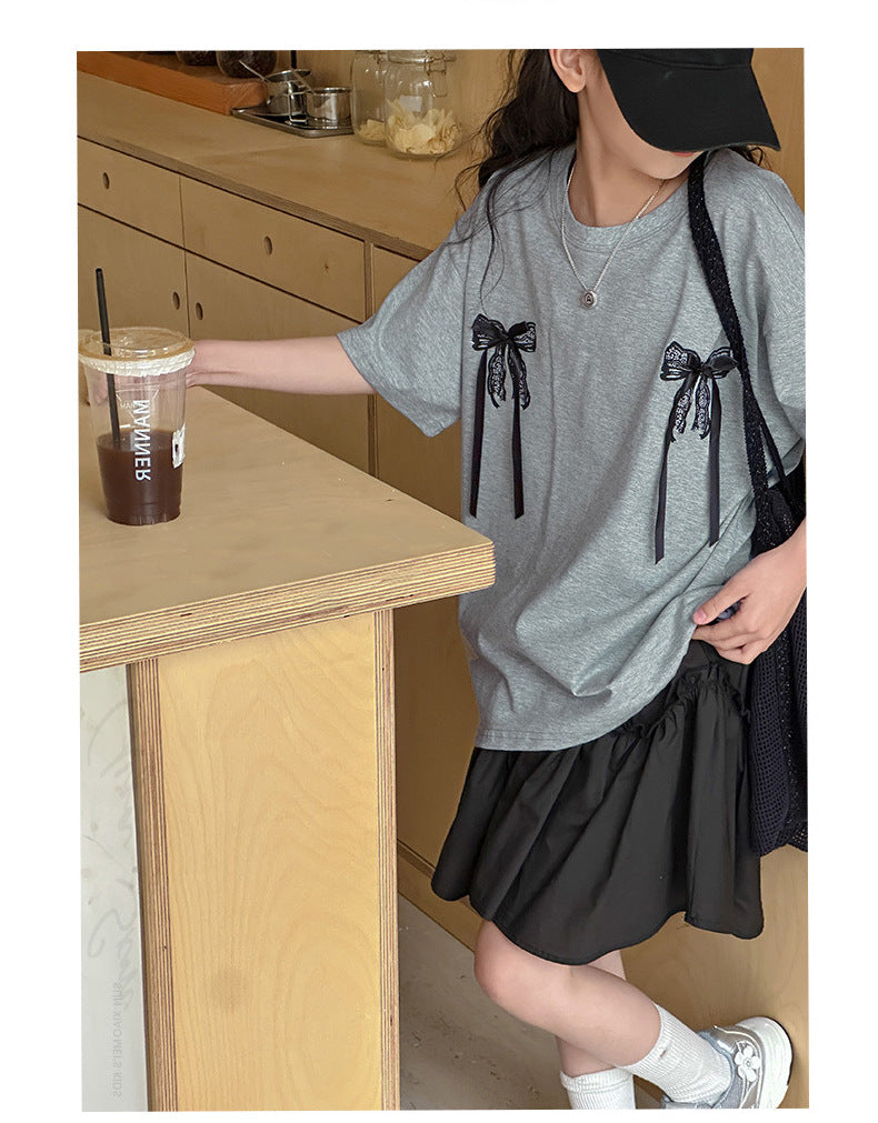 [5071118] - One Set 2in1 Baju Setelan Atasan Kaos Oversize Gray Lengan Pendek Bawahan Rok Pendek Fashion Korean Style Anak Perempuan Cewek - Motif Ribbon Top - BABYHOKI STORE