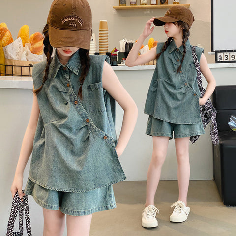 [963131] - One Set 2in1 Baju Setelan Atasan Berkerah Tangan Lengan Kutung Korean Versin Style Anak Perempuan Cewek - Motif Color Denim - BABYHOKI STORE - BABYHOKI STORE