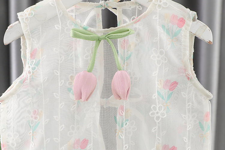 [340414] - Setelan Baju Atasan Kutung Celana Pendek Fashion Anak Perempuan - Motif Flower Ribbon