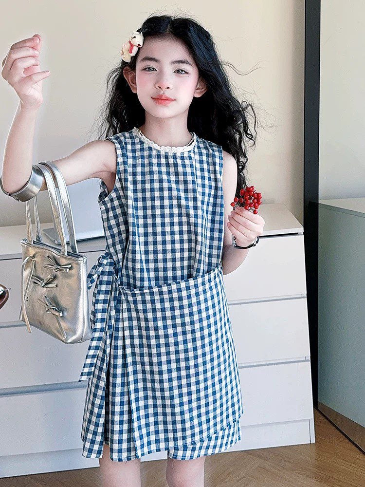 [5071164] - Baju Gaun Dress Lengan Kutung Korean Version Style Anak Perempuan Cewek - Motif Plaid - BABYHOKI STORE