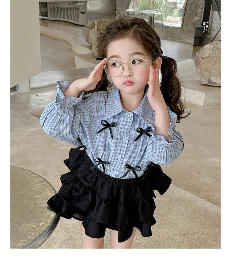 [963141] - One Set 2in1 Baju Setelan Atasan Blouse Lengan Panjang Bawahan Rok Pendek Korean Version Style Anak Perempuan Cewek - Motif Small Ribbon - BABYHOKI STORE - BABYHOKI STORE