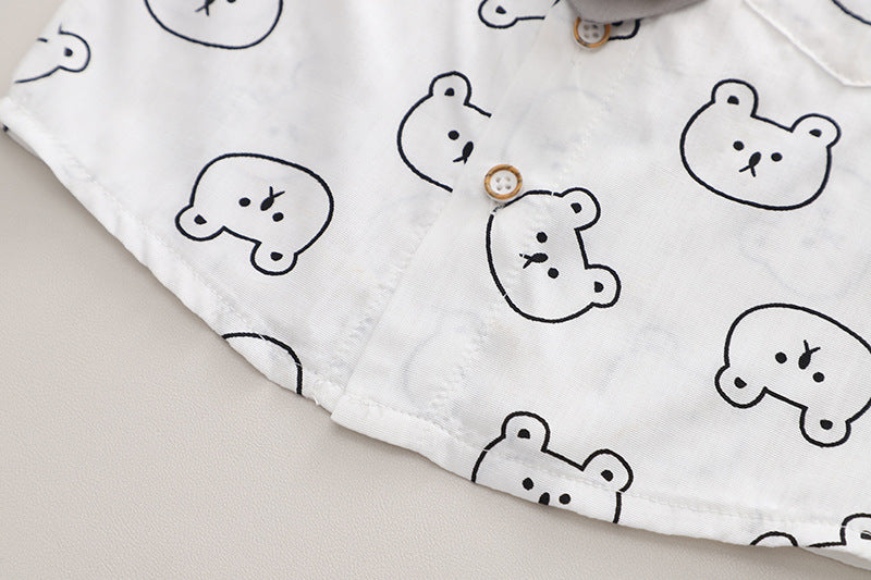 [345414] - Baju Setelan Kemeja Lengan Pendek Celana Pendek Anak Cowok Fashion - Motif Bear Face