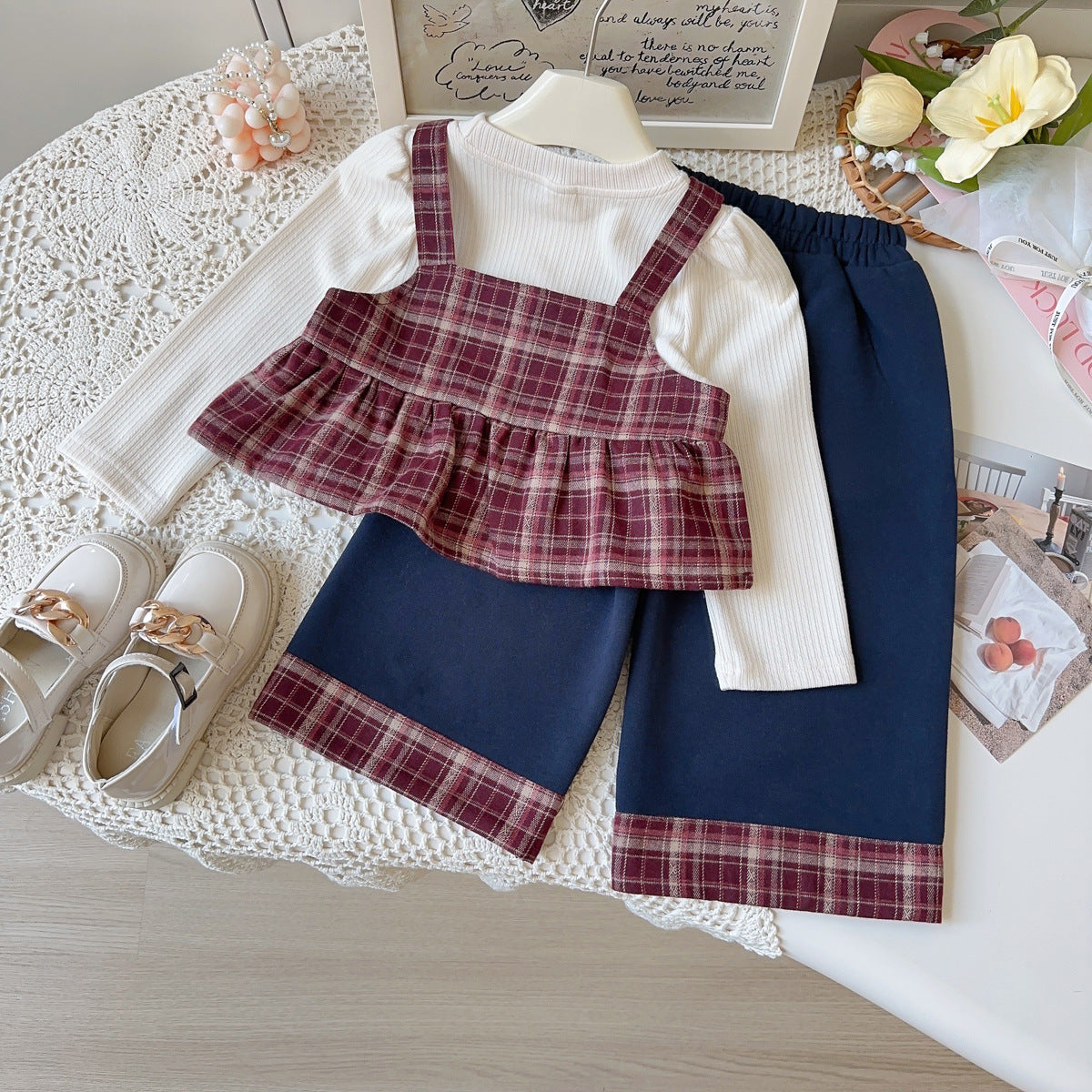 [963151] - One Set 3in1 Baju Setelan Atasan Lengan Panjang Vest Kutung Plaid Bawahan Celana Panjang Kulot British Version Style Anak Perempuan Cewek - Motif Plaid Sweet - BABYHOKI STORE - BABYHOKI STORE