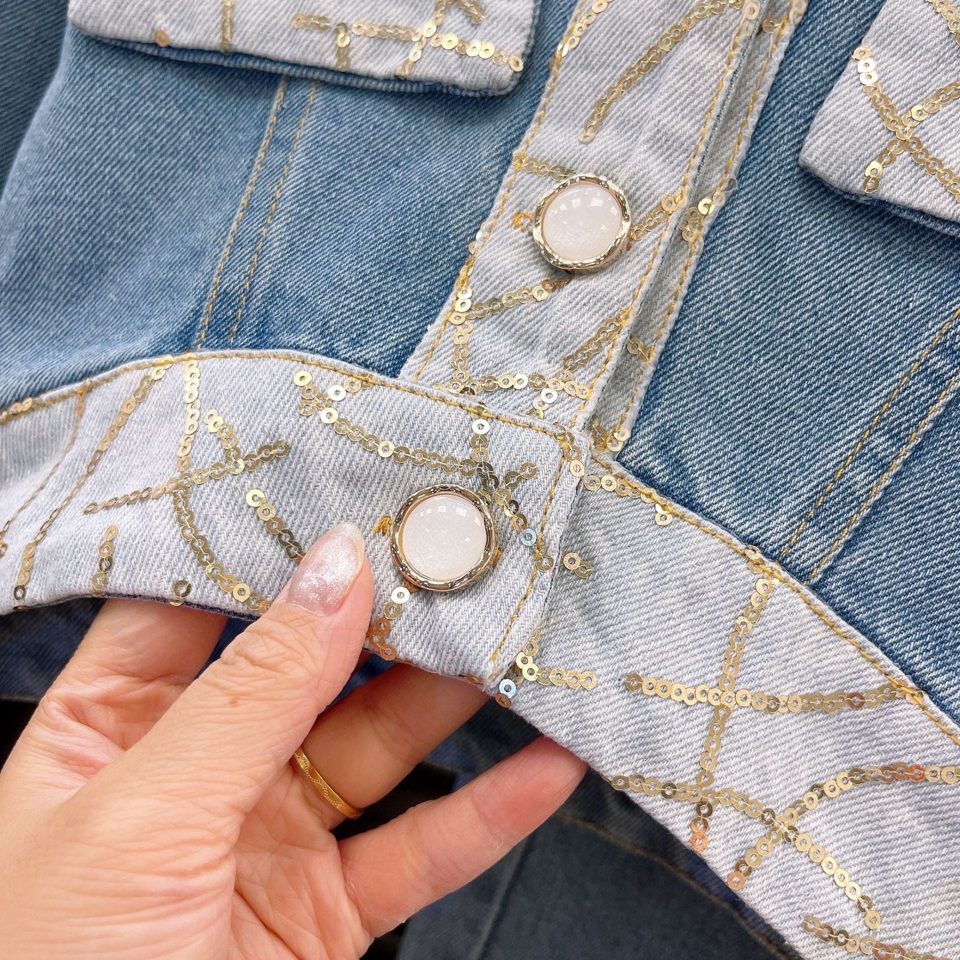 [363897] - One Set 2in1 Baju Setelan Atasan Lengan Panjang Denim Bawahan Celana Panjang Denim Fashion Anak Perempuan - Motif Round Jewelry - BABYHOKI STORE