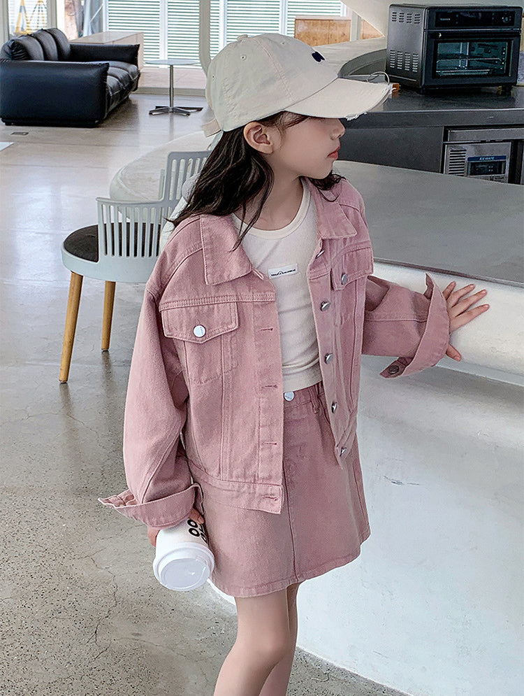 [5071029] - Setelan Baju Jaket Lengan Panjang Bawahan Rok Pendek Jeans Fashion Anak Perempuan - Motif Button Line