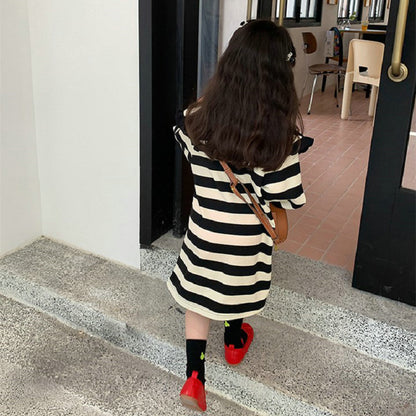 [507S151] - Baju Dress Lengan Panjang Fashion Anak Perempuan - Motif Neat Line