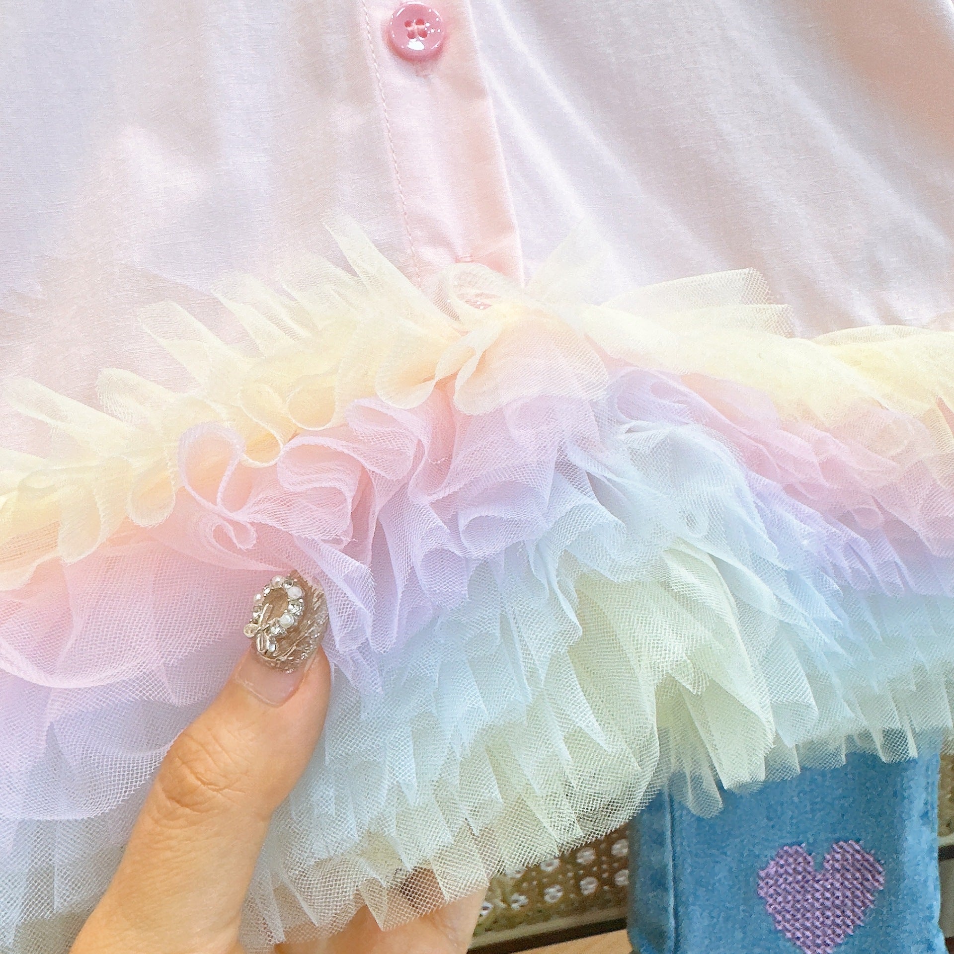 [363750] - Setelan Baju Blouse Ruffles Celana Jeans Cutbraid Fashion Anak Perempuan - Motif Rainbow Love