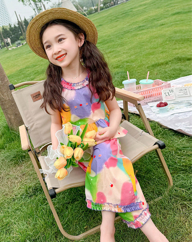 [5071057] - Setelan Baju Kutung Celana Panjang Santai Fashion Anak Perempuan - Motif Colorful Flower