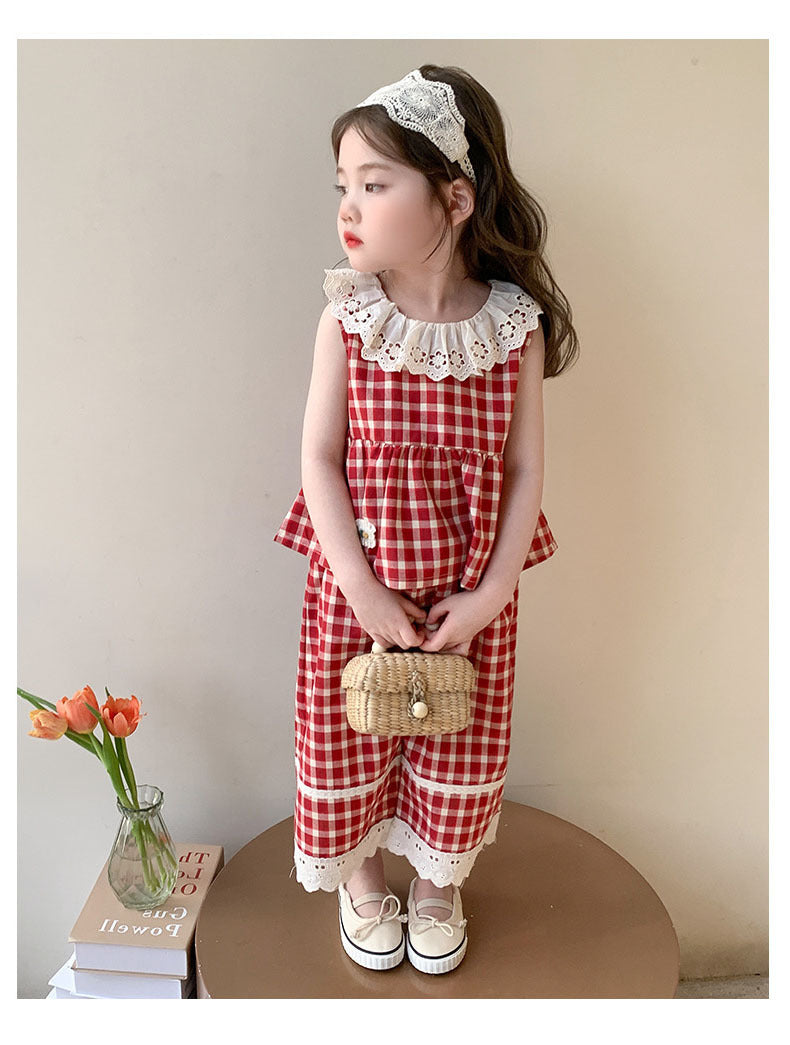 [5071083] - One Set 2in1 Baju Setelan Atasan Renda Lengan Kutung Bawahan Celana Panjang Berenda Fashion Anak Perempuan Cewek - Motif Plaid With Lace - BABYHOKI STORE