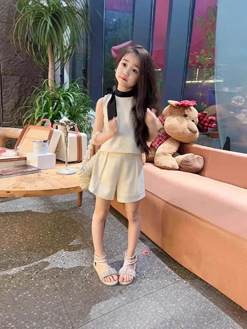 [5071091] - One Set 2in1 Baju Setelan Atasan Putih Lengan Kutung Bawahan Celana Pendek Fashion Korean Style Anak Perempuan Cewek - Motif Colour Basic White - BABYHOKI STORE