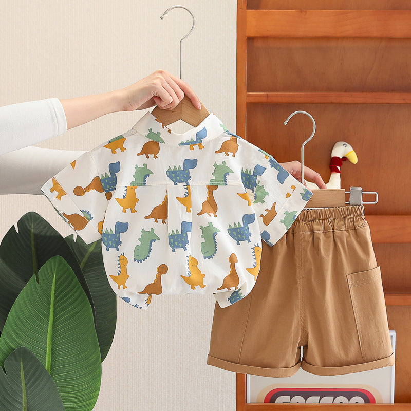 [368592] - One Set 2in1 Baju Setelan Atasan Kemeja Lengan Pendek Bawahan Celana Pendek Comfortable Fashion Anak Laki Laki Cowok - Motif Animals Dino - BABYHOKI STORE