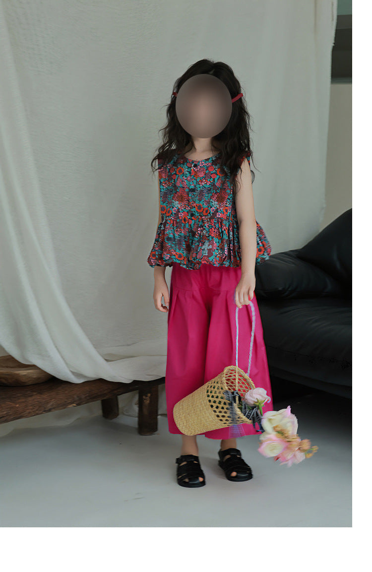 [5071112] - One Set 2in1 Baju Setelan Atasan Purple Lengan Kutung Bawahan Celana Panjang Kulot Fashion Trendi Anak Perempuan Cewek - Motif Floral Top - BABYHOKI STORE