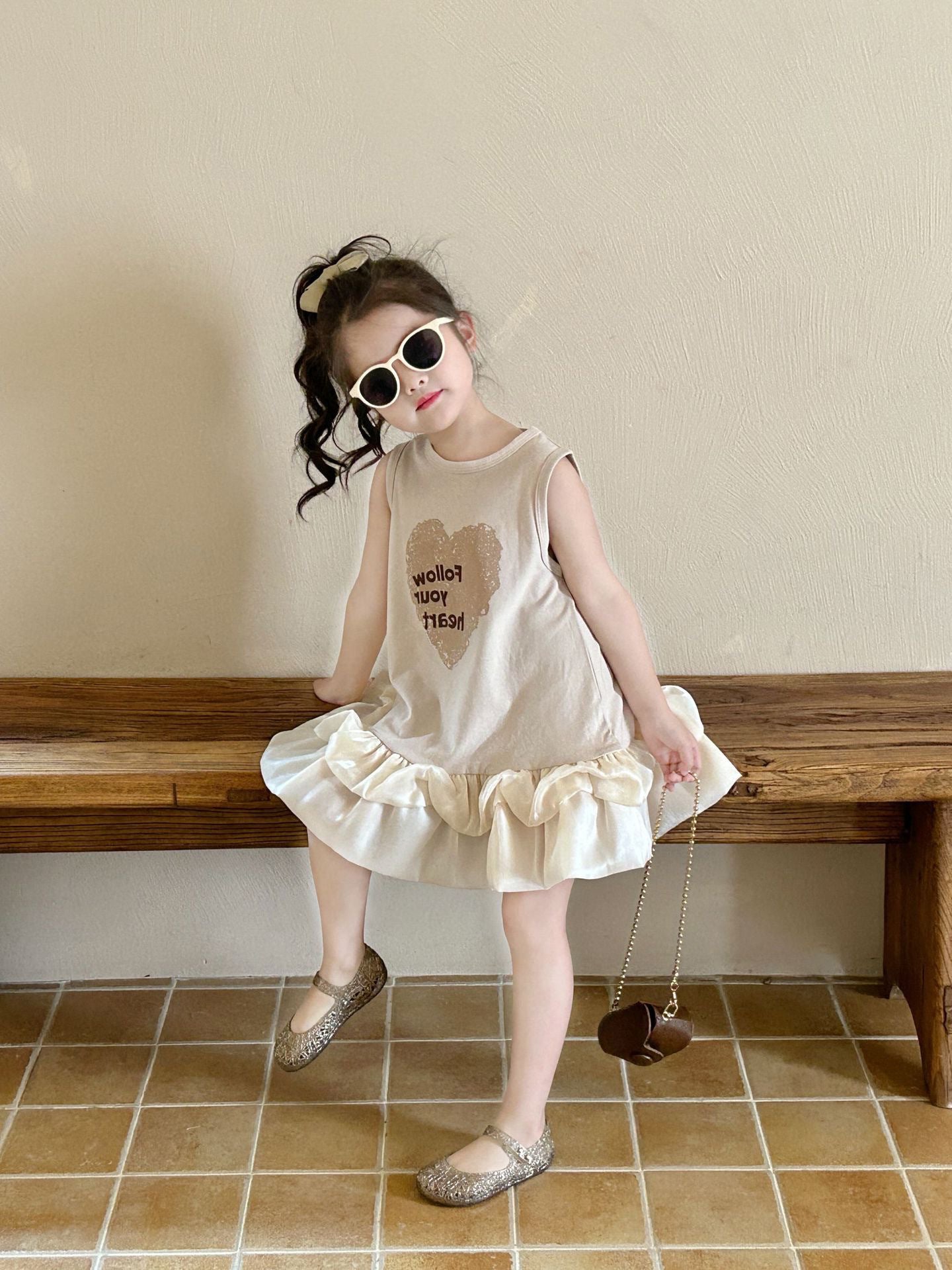 [5071121] - Baju Dress Gaun Pesta Lengan Kutung Fashion Korean Style Anak Perempuan Cewek - Motif Love Ruffled Bottom - BABYHOKI STORE