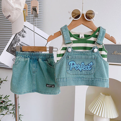 [963174] - One Set 3n1 Baju Setelan Atasan Lengan Kutung Vest Denim Bawahan Rok Pendek Korean Fashion Style Anak Perempuan Cewek - Motif Denim Alphabet - BABYHOKI STORE - BABYHOKI STORE