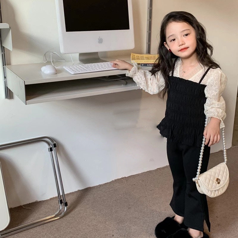 [5071078] - One Set 2in1 Baju Setelan Atasan Lengan Panjang Bawahan Celana Panjang Hitam Fashion Anak Perempuan Cewek - Motif Ruffled Black - BABYHOKI STORE