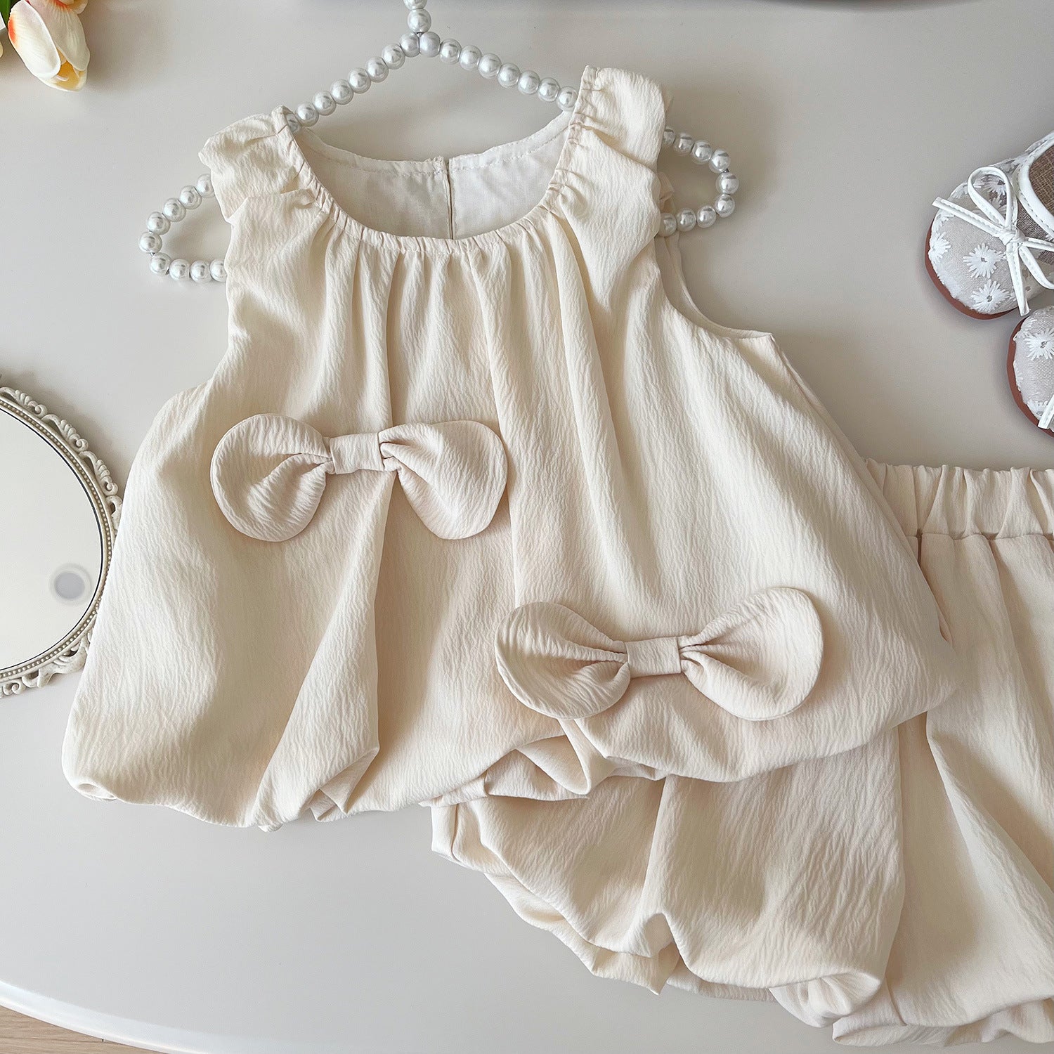 [963295] - One Set 2in1 Baju Setelan Atasan Blouse Lengan Kutung Bawahan Celana Pendek Korean Style Anak Perempuan Cewek - Motif Bow - BABYHOKI STORE