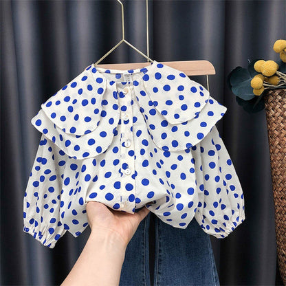 [363787] - Setelan Baju Blouse Lengan Panjang Celana Jeans Panjang Fashion Anak Perempuan - Motif Polka Denim