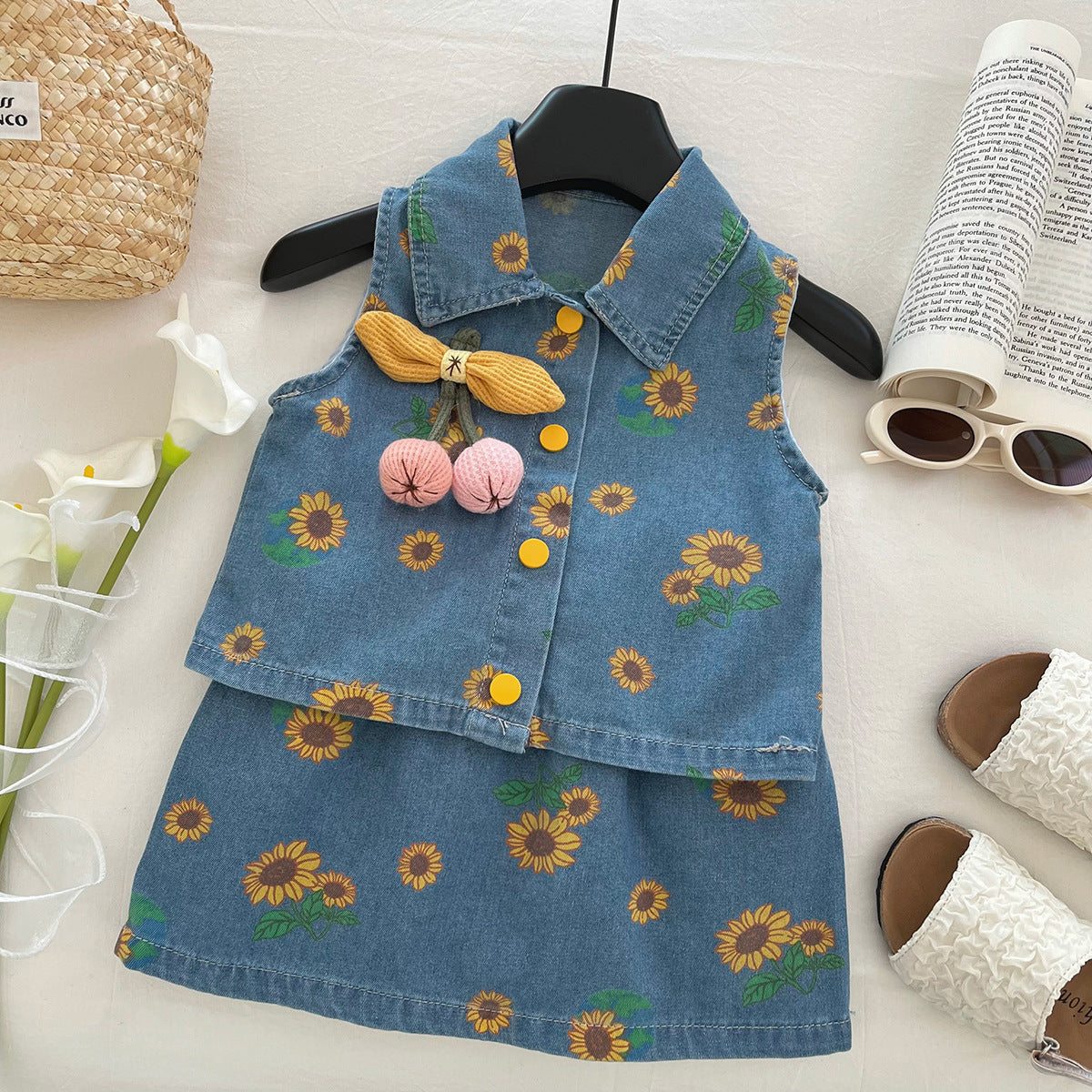 [963214] - One Set 2in1 Baju Setelan Atasan Vest Denim Lengan Kutung Bawahan Celana Rok Pendek Casual Style Anak Perempuan Cewek - Motif Sunflower - BABYHOKI STORE