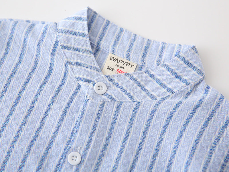 [383223] - Baju Atasan Kemeja Kerah Shanghai Koko Lengan Pendek Anak Laki-Laki Cowok - Motif Blue & White Stripes - BABYHOKI STORE - BABYHOKI STORE