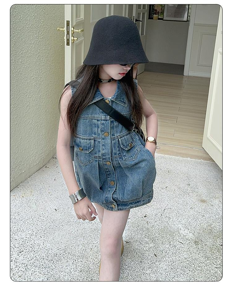 [5071179] - Baju Vest Dress Lengan Kutung Version Korean Style Anak Perempuan Cewek - Motif Denim - BABYHOKI STORE