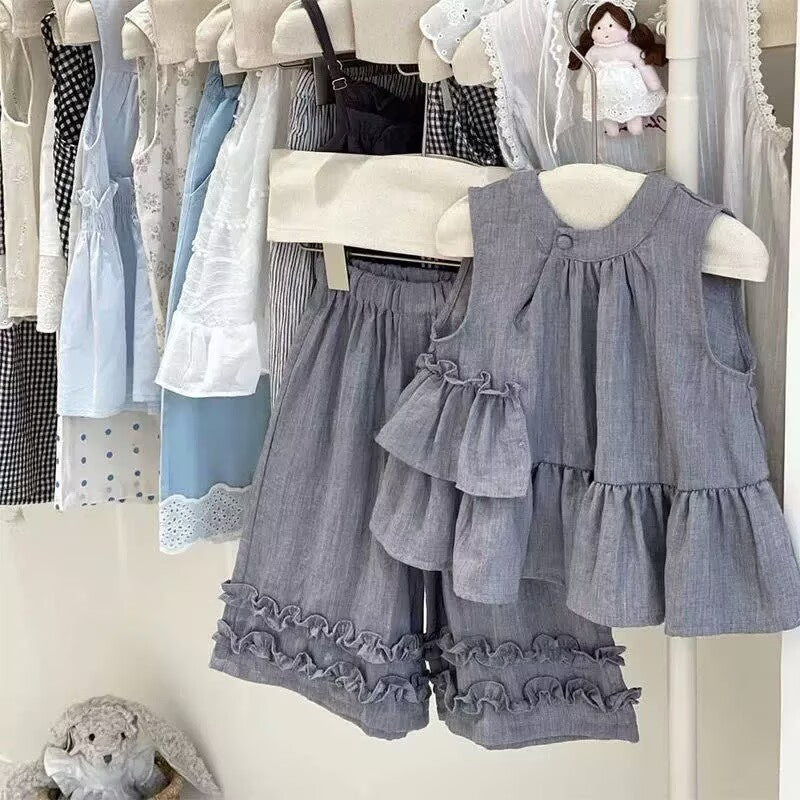 [5071098] - Baju Setelan Atasan Gray Lengan Panjang Bawahan Celana Pendek Fashion Anak Perempuan Cewek - Motif Top Ruffled - BABYHOKI STORE