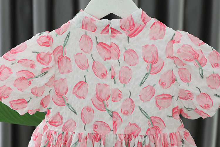 [340386] - Baju Mini Dress Lengan Pendek Balon Fashion Anak Perempuan - Motif Flower Leaf