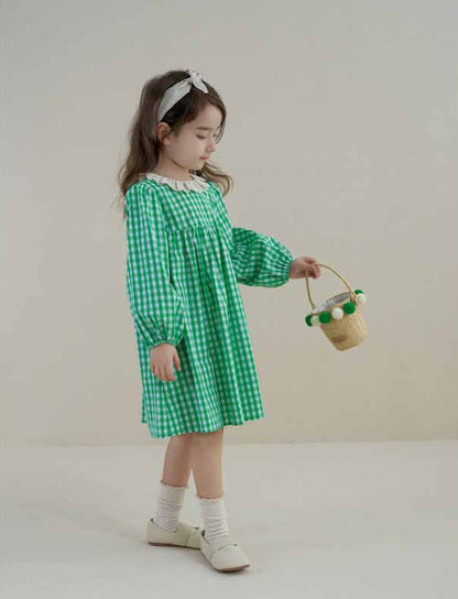 [5071052] - Baju Dress Lengan Panjang Fashion Anak Perempuan - Motif Gingham Plaid